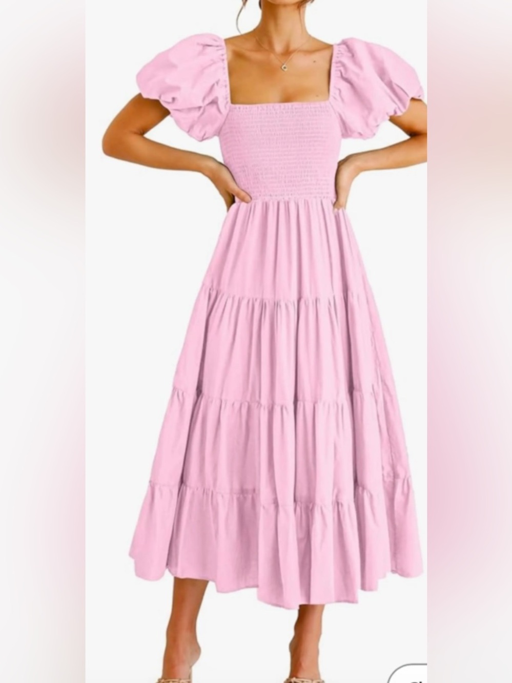Smocked Puff Sleeve Tiered Maxi Dress in Light Pink